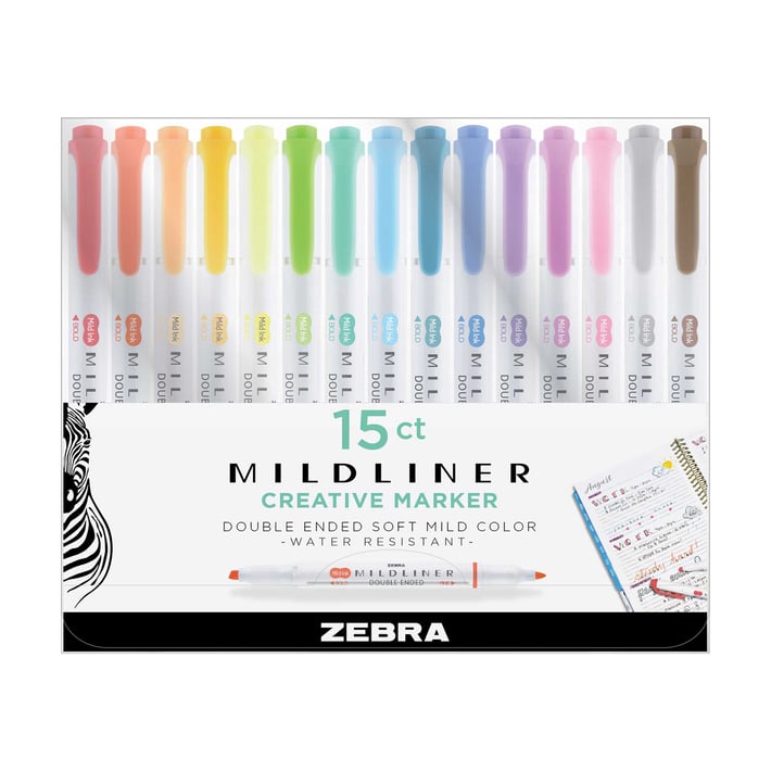 Zebra Текст маркер Mildliner 15PK, двоен, 15 цвята