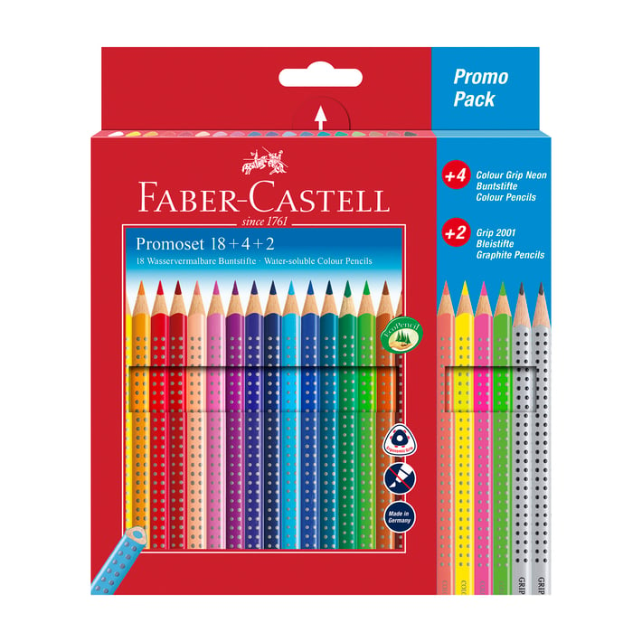 Faber-Castell Акварелни моливи Grip 2001, 18 цветни, 4 неонови, 2 чернографитни