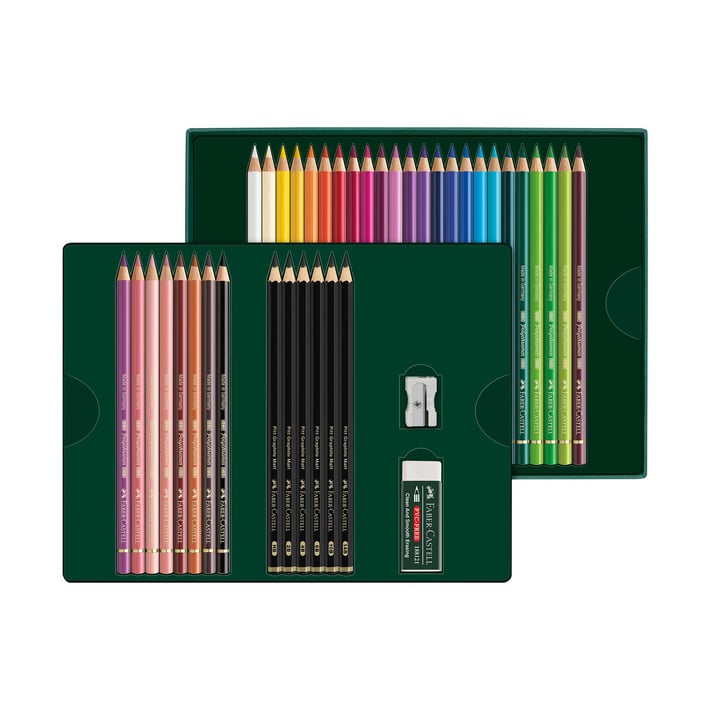 Faber-Castell Цветни моливи Polychromos, 36 цвята и чернографитни моливи Pitt Graphite Matt, 6 броя, в кутия