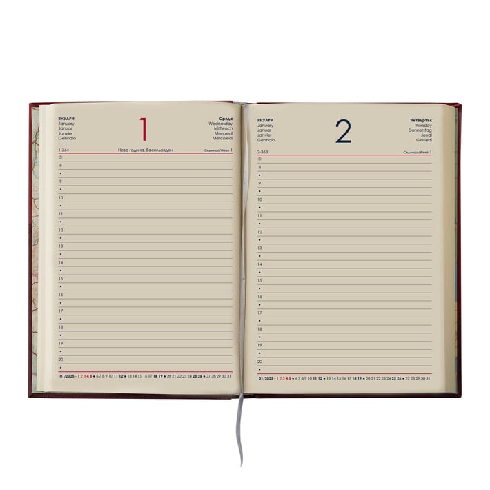 Календар-бележник Мадера, лукс, с дати, A5, кожена подвързия, черно-червен