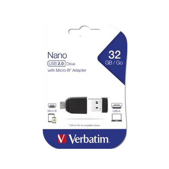 Verbatim USB флаш памет Nano, USB 2.0, 32 GB, с Micro USB OTG адаптер