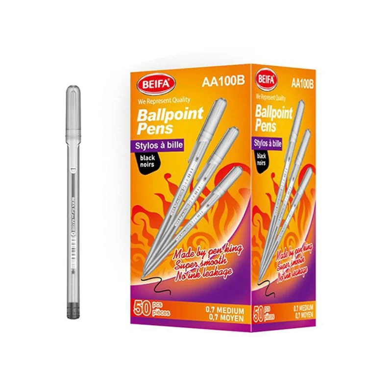 Beifa Химикалка AA100B-50B1, 0.7 mm, прозрачна, черно мастило, 50 броя