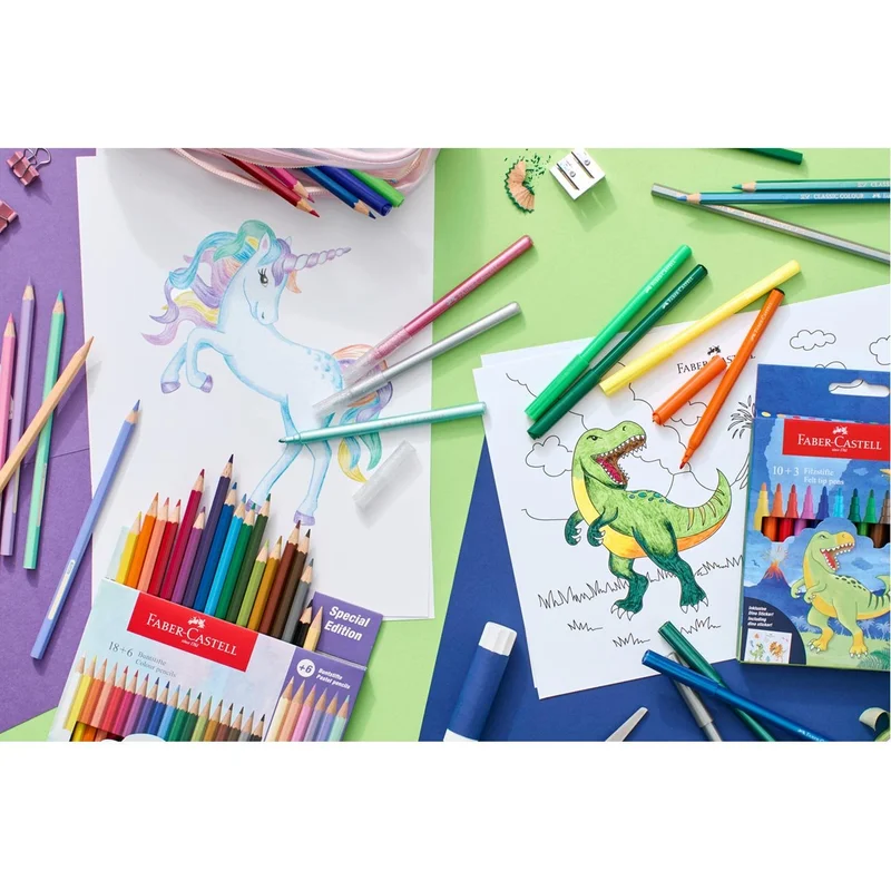Faber-Castell Флумастери Динозавър, 18 стандартни, 3 металикови и 3 неонови цвята