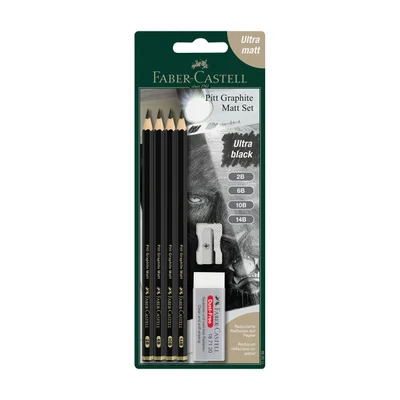 Faber-Castell Моливи Pitt Graphite Matt, чернографитни, 2B, 6B, 10B, 14B, с гума и острилка