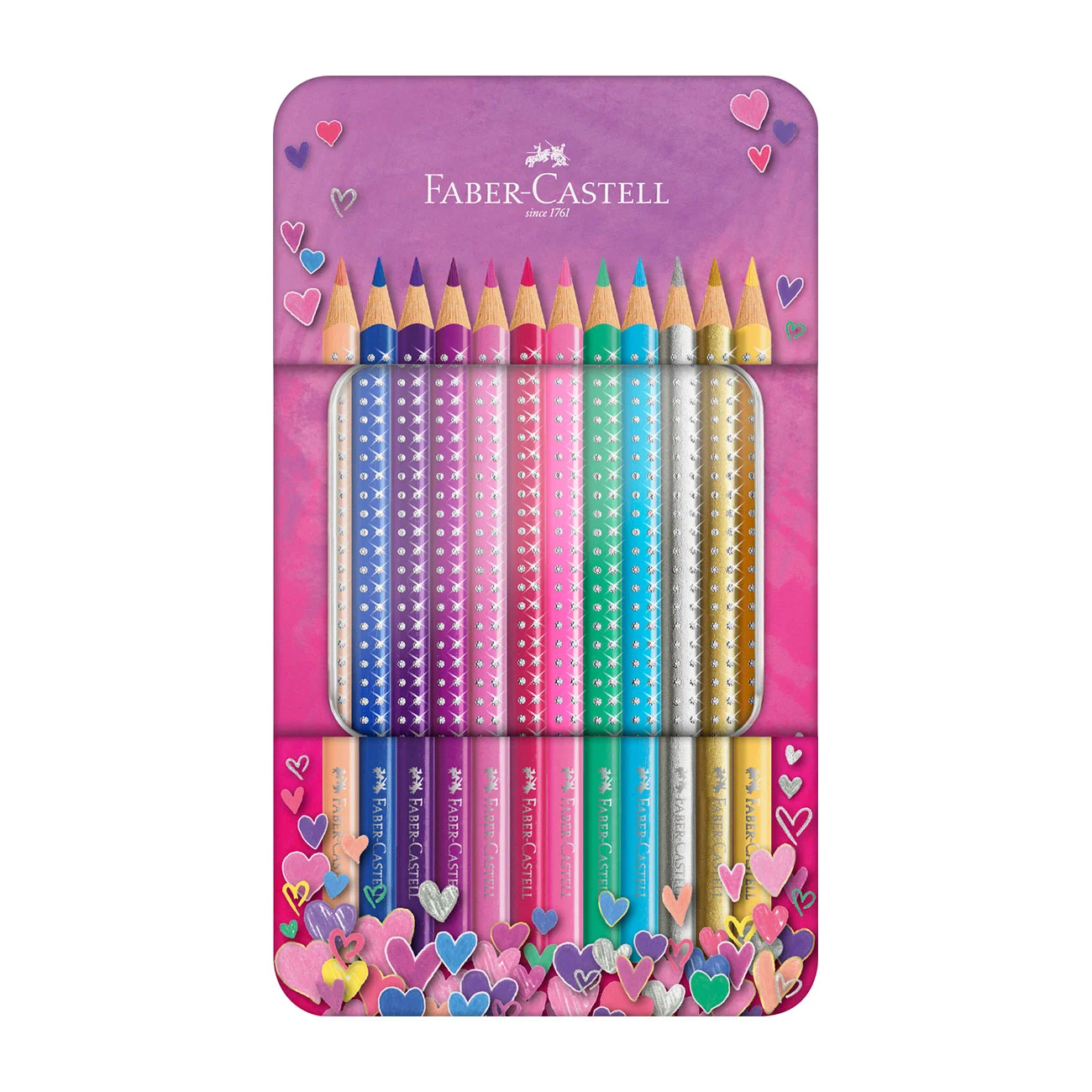 Faber-Castell Цветни моливи Sparkle, в метална розова кутия, 12 цвята