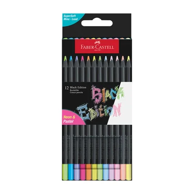 Faber-Castell Моливи Black Edition, 12 неонови и пастелни цвята