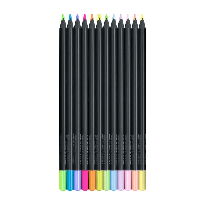 Faber-Castell Моливи Black Edition, 12 неонови и пастелни цвята