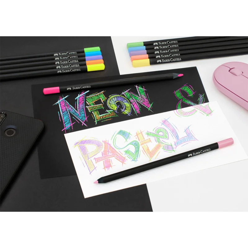Faber-Castell Моливи Black Edition, 12 неонови и пастелни цвята