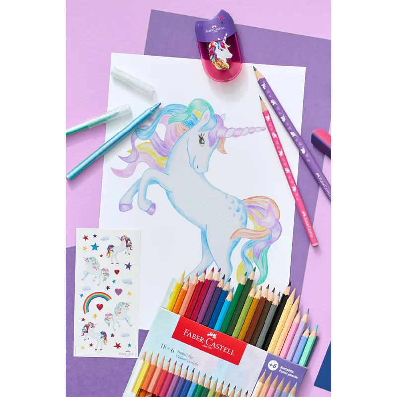 Faber-Castell Цветни моливи Еднорог, 18 стандартни и 6 пастелни цвята