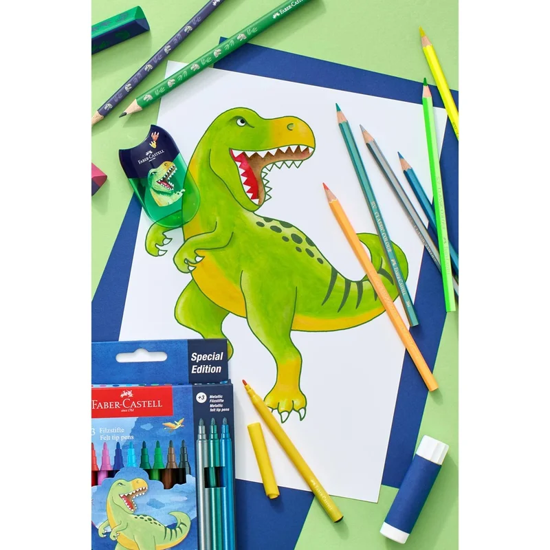 Faber-Castell Моливи Динозавър, 10 стандартни и 3 металикови цвята