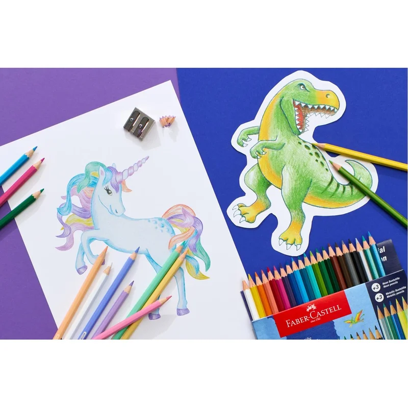 Faber-Castell Моливи Динозавър, 18 стандартни, 3 металикови и 3 неонови цвята