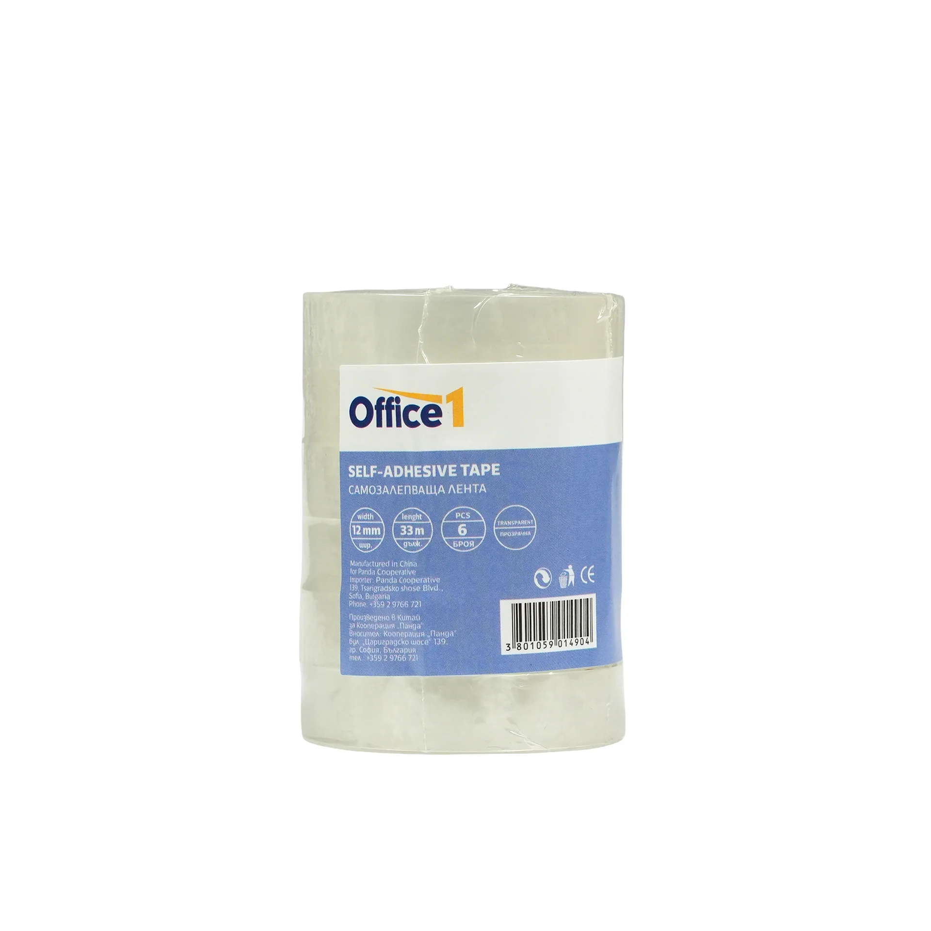 Office 1 Тиксо, 12 mm x 33 m, безцветно, 6 броя
