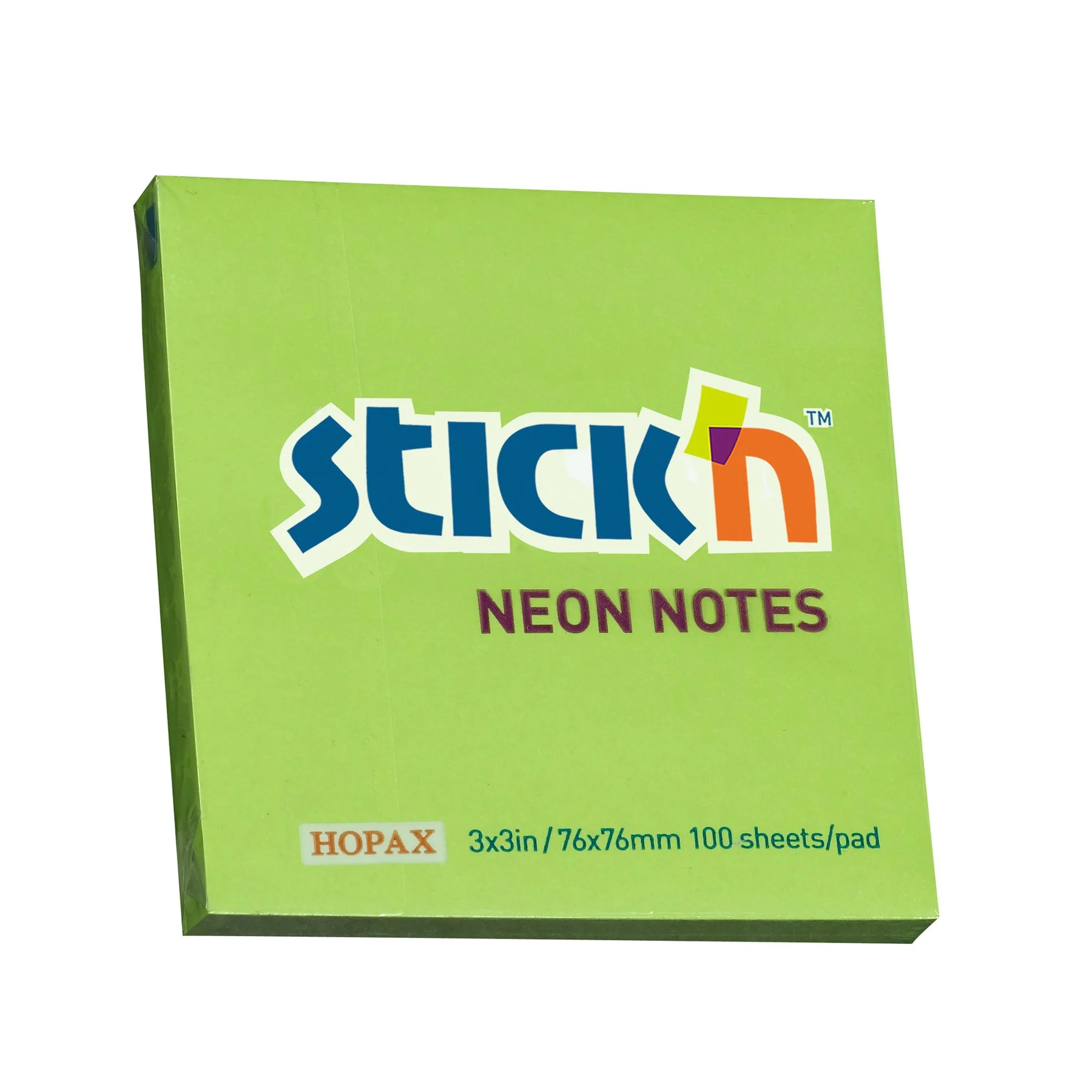 Stick'n Самозалепващи се листчета, 76x76 mm, неонови, зелени, 100 листа