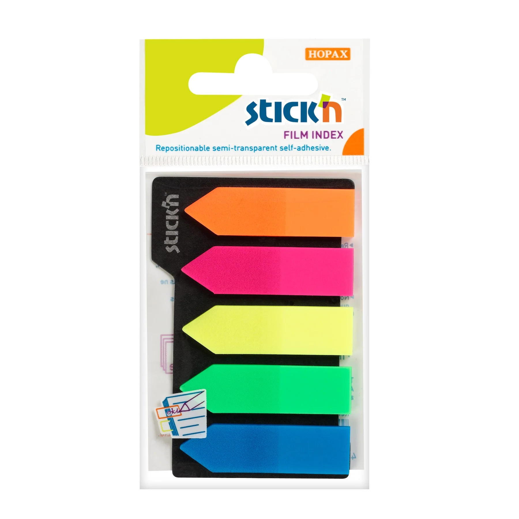 Stick'n Самозалепващи се индекси, с форма на стрелка, PVC, 42 x 12 mm, 5 цвята, 125 броя
