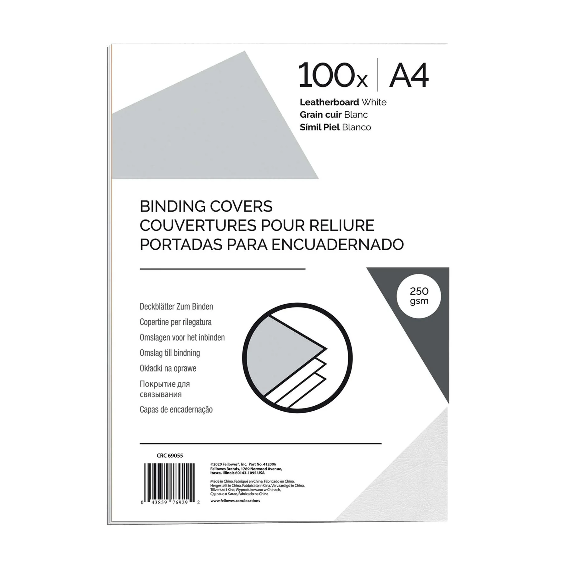 Fellowes Корици за подвързване, картонени, А4 250 g/m2, бели, 100 броя