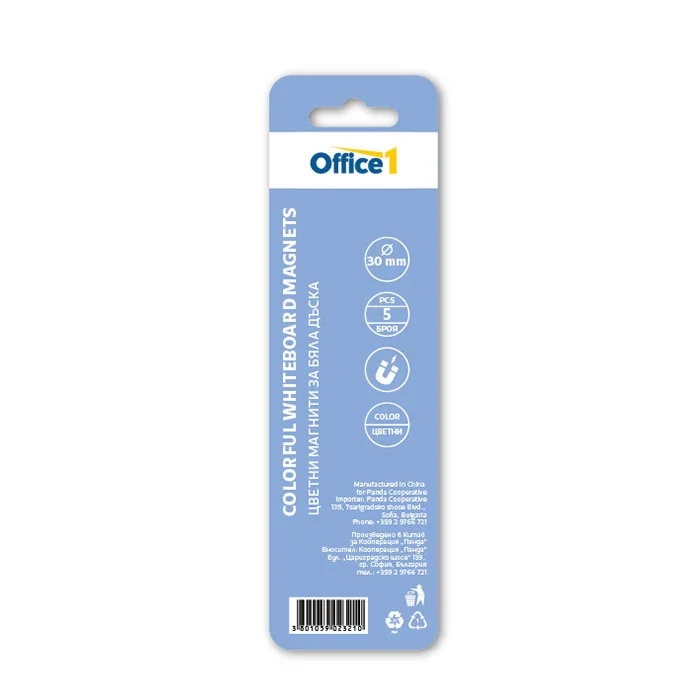 Office 1 Магнити, за бяла дъска, цветни, 30 mm, 5 броя
