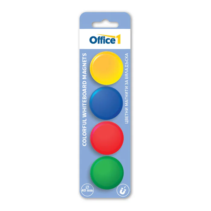 Office 1 Магнити, за бяла дъска, цветни, 40 mm, 4 броя