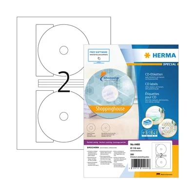 Herma Самозалепващи се етикети, A4, за CD, диаметър 116 mm, 2 броя, 100 листа