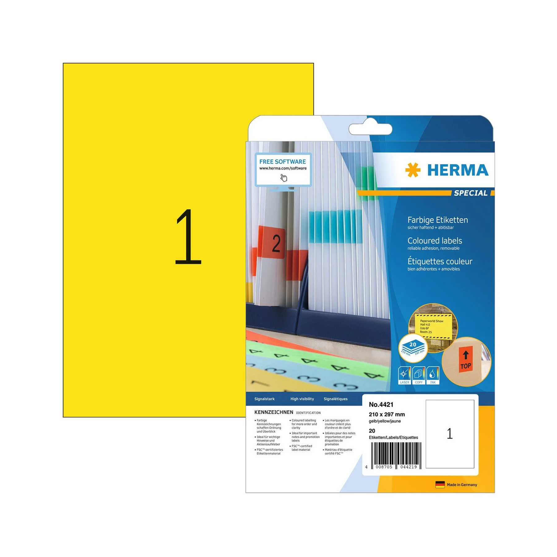 Herma Самозалепващи се етикети, A4, 210 х 297 mm, жълти, 20 листа