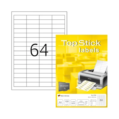 Top Stick Самозалепващи се етикети, A4, 48.5 х 16.9 mm, 64 броя, 100 листа