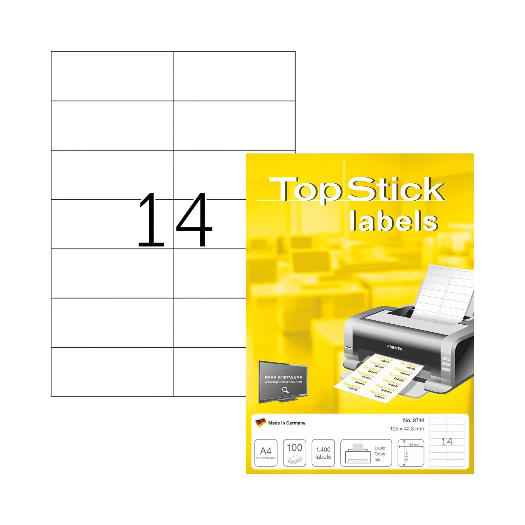 Top Stick Самозалепващи се етикети, A4, 105 х 42.3 mm, 14 броя, 100 листа