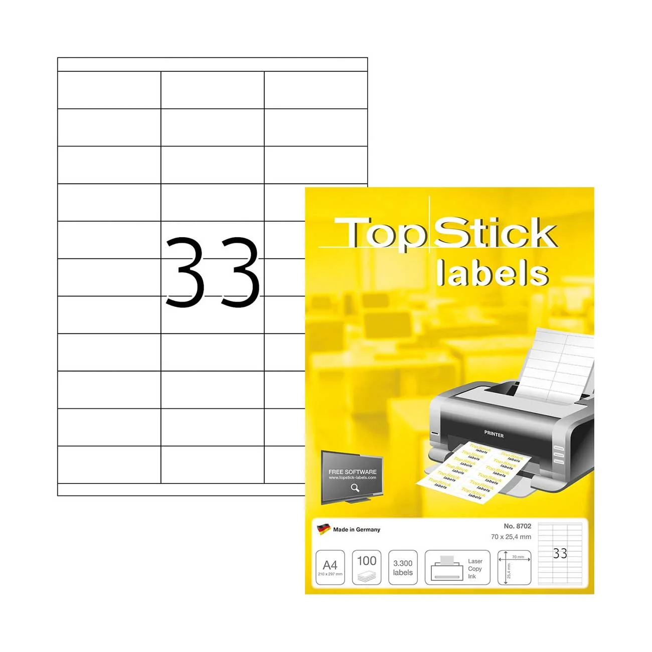 Top Stick Самозалепващи се етикети, A4, 70 х 25.4 mm, 33 броя, 100 листа
