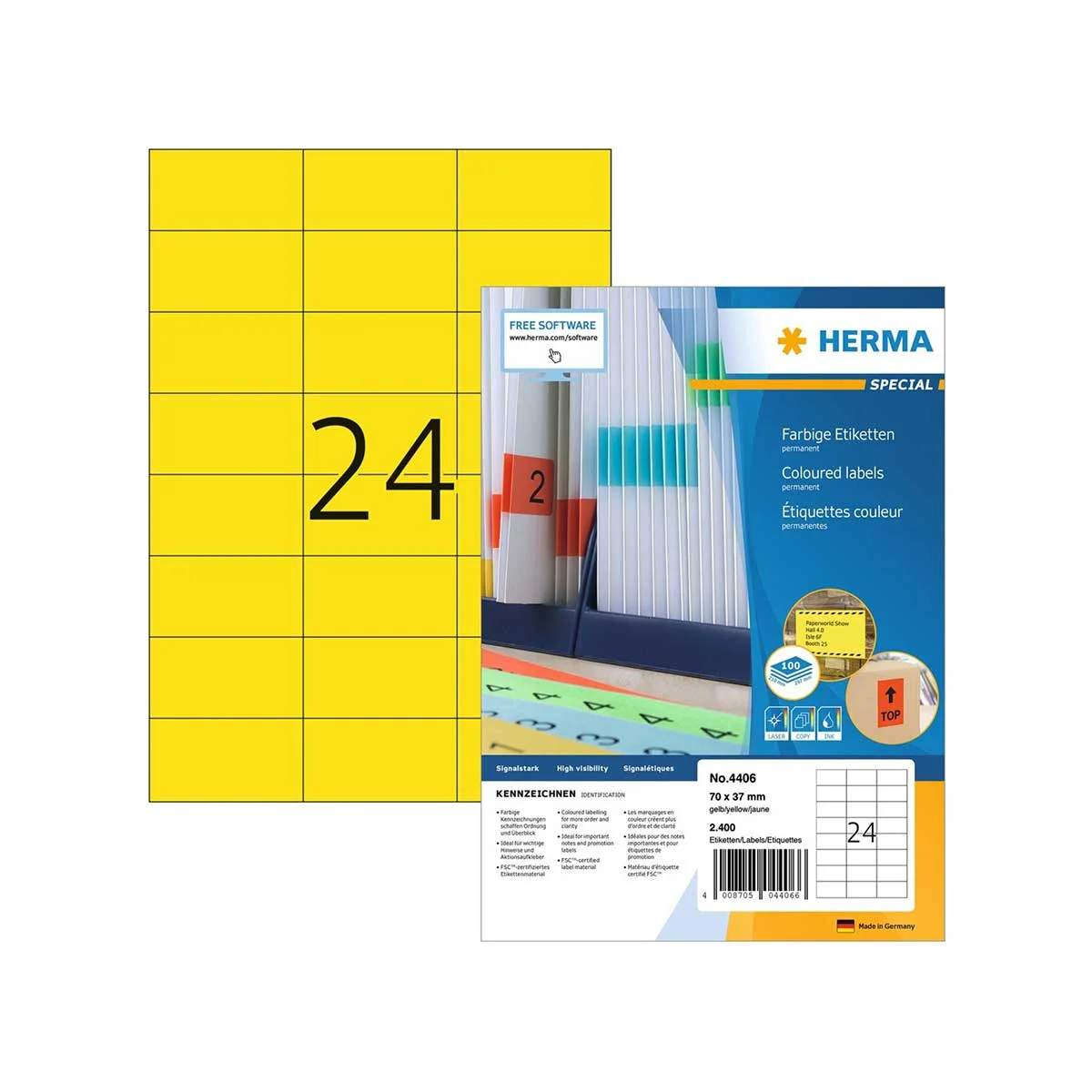 Herma Самозалепващи се етикети, A4, 70 х 37 mm, жълти, 24 броя, 100 листа