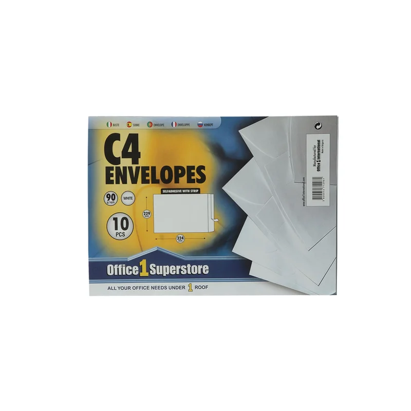 Office 1 Плик, C4, 229 x 324 mm, хартиен, със самозалепваща лента, бял, 10 броя