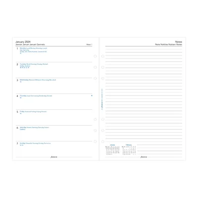 Filofax Пълнител за органайзер Classic, А5, за 2024 година, 1 седмица на страница, място за бележки