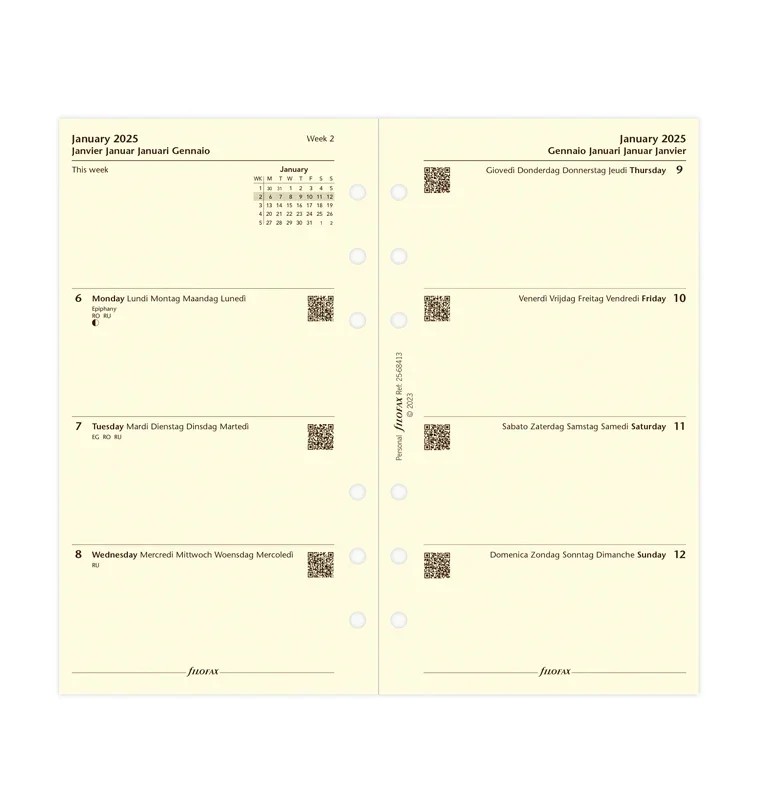 Filofax Пълнител за органайзер Classic, Personal, кремава хартия, за 2025 година, 1 седмица на 2 страници