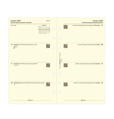 Filofax Пълнител за органайзер Classic, Personal, кремава хартия, за 2025 година, 1 седмица на 2 страници