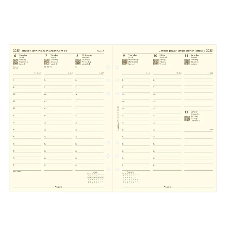 Filofax Пълнител за органайзер, A5, за 2025 година, 1 седмица на 2 страници, кремав