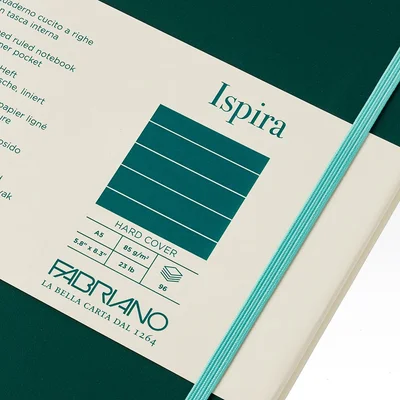 Fabriano Тетрадка Ispira, A5, широки редове, шита, твърда корица, 96 листа, зелена