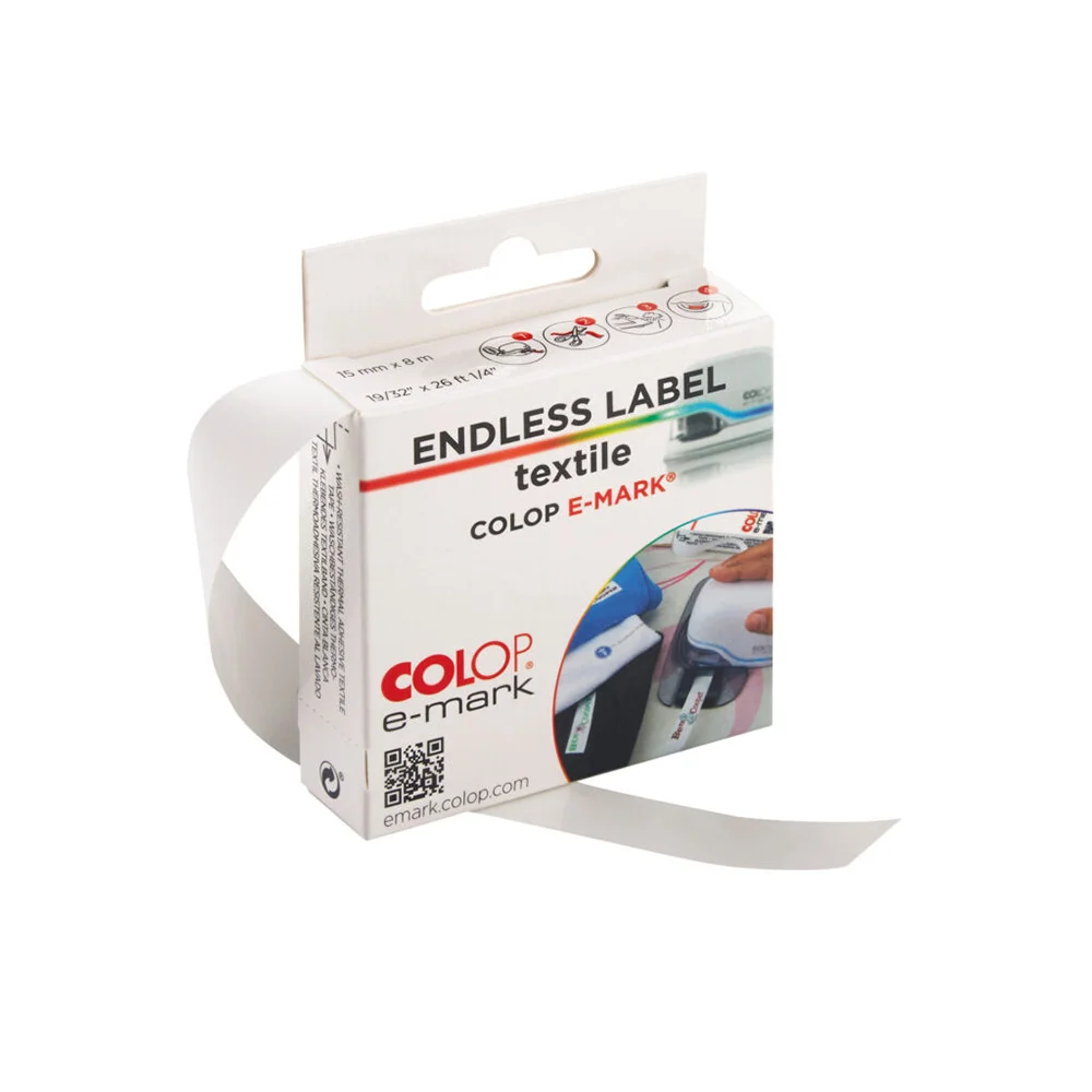 Безконечни етикети Colop E-Mark, текстилни, широчина 14 mm, дължина 8 m, бели
