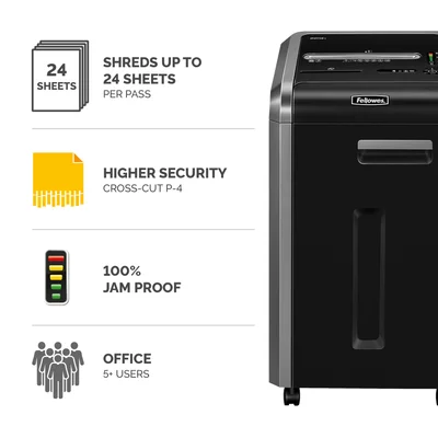 Шредер за унищожаване на документи Fellowes Powershred 225i, 100% Jam Proof, Strip-Cut, време за работа 60 мин, за 3-5 потребителя