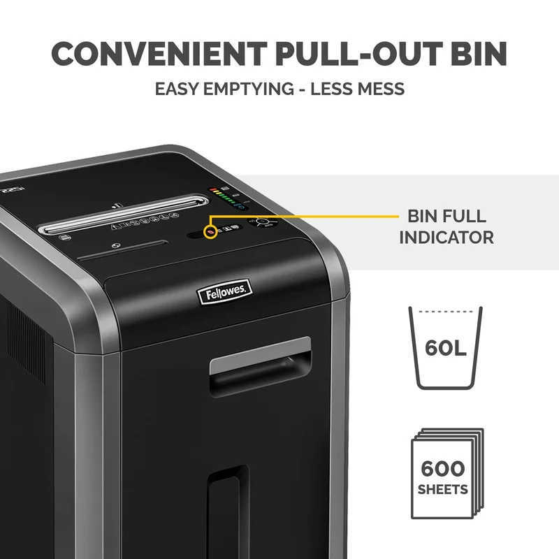 Шредер за унищожаване на документи Fellowes Powershred 225i, 100% Jam Proof, Strip-Cut, време за работа 60 мин, за 3-5 потребителя