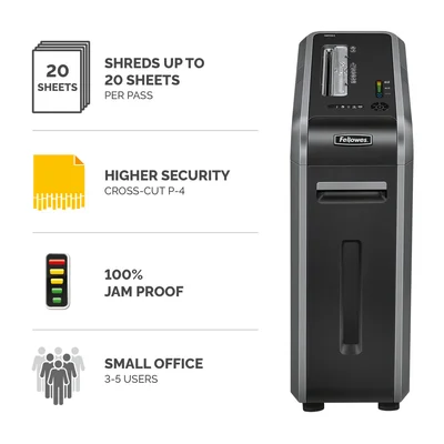 Шредер за унищожаване на документи Fellowes Powershred 125Ci, 100% Jam Proof, Cross-Cut, 53 L, P-4, ниво на шум 63 dB