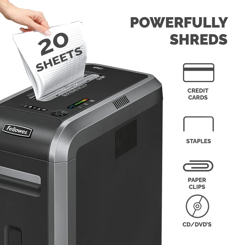 Шредер за унищожаване на документи Fellowes Powershred 125Ci, 100% Jam Proof, Cross-Cut, 53 L, P-4, ниво на шум 63 dB