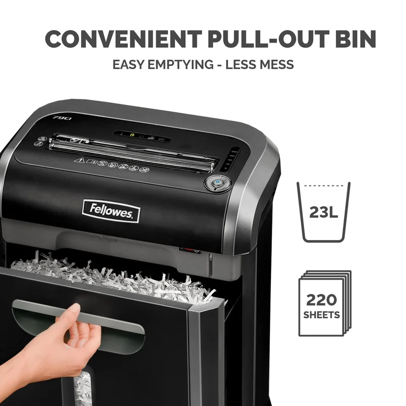 Шредер за унищожаване на документи Fellowes Powershred 79Ci, 100% Jam Proof, 23 L, P-4, време за работа 20 мин, време за почивка 30 мин