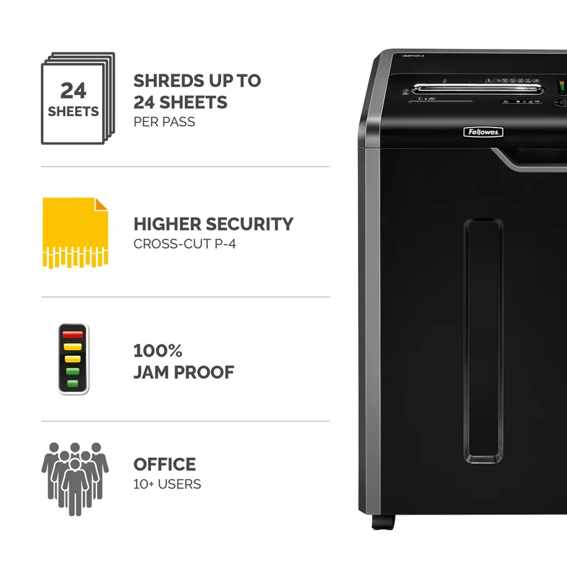 Шредер за унищожаване на документи Fellowes Powershred 325Ci, 100% Jam Proof, Cross-Cut, 83 L, P-4, време за работа 60 мин