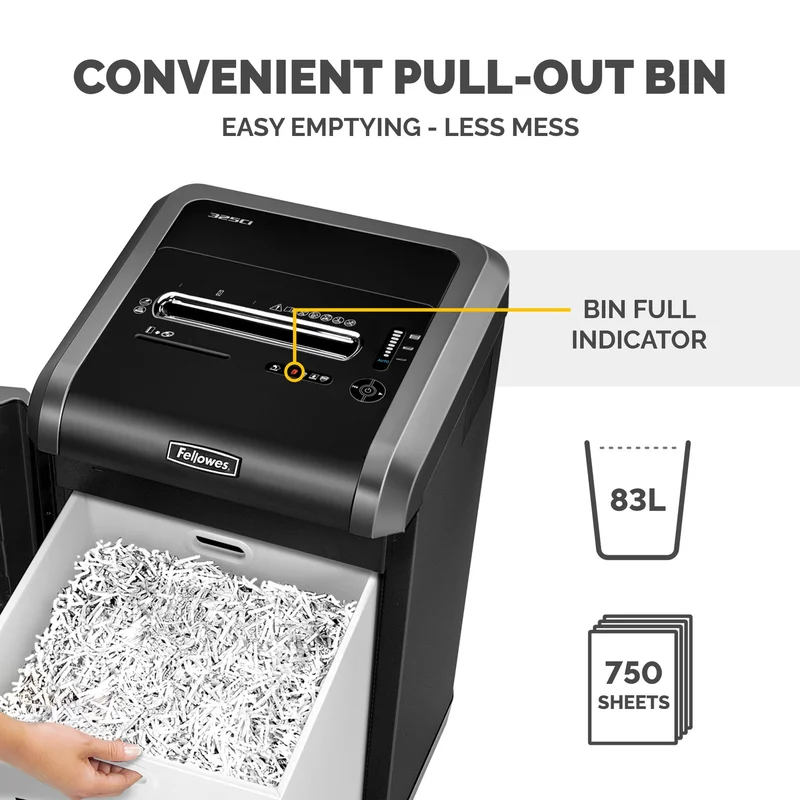 Шредер за унищожаване на документи Fellowes Powershred 325Ci, 100% Jam Proof, Cross-Cut, 83 L, P-4, време за работа 60 мин