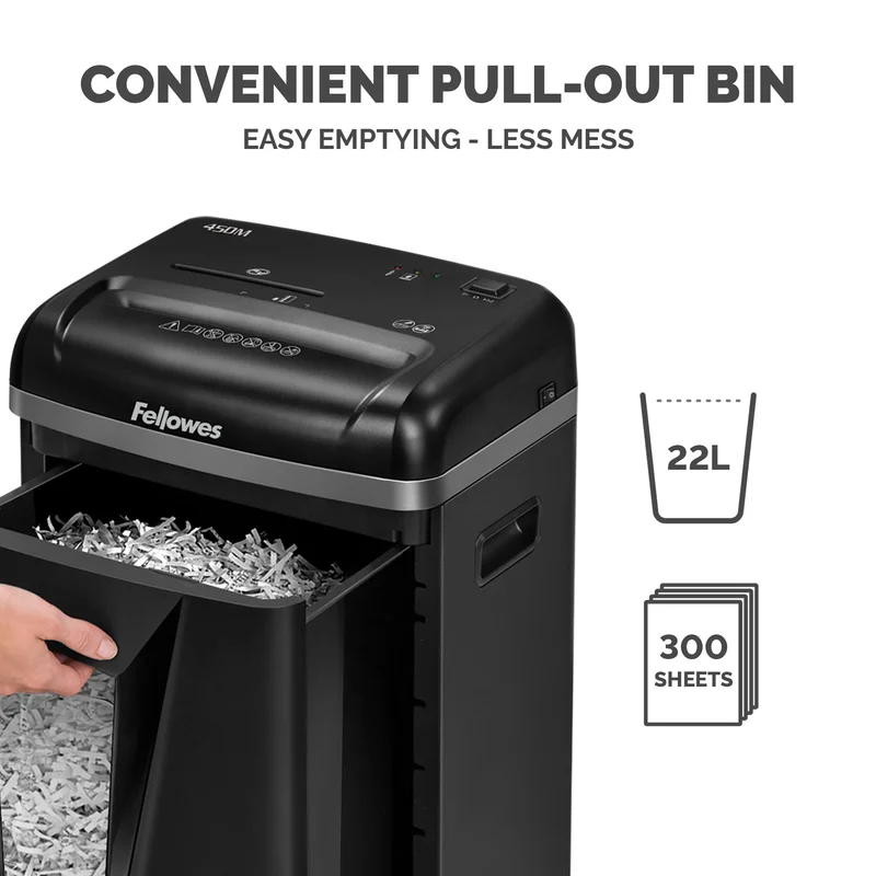 Шредер за унищожаване на документи Fellowes 450M, Micro-Cut, 22 L, P-5, време за работа 10 мин