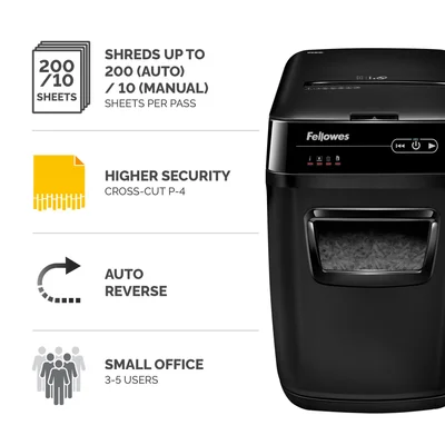 Шредер за унищожаване на документи Fellowes Automax 200C, Cross-Cut, P-4, обем на коша 32 L, за 1-3 потребителя, ниво на шум 60 dB