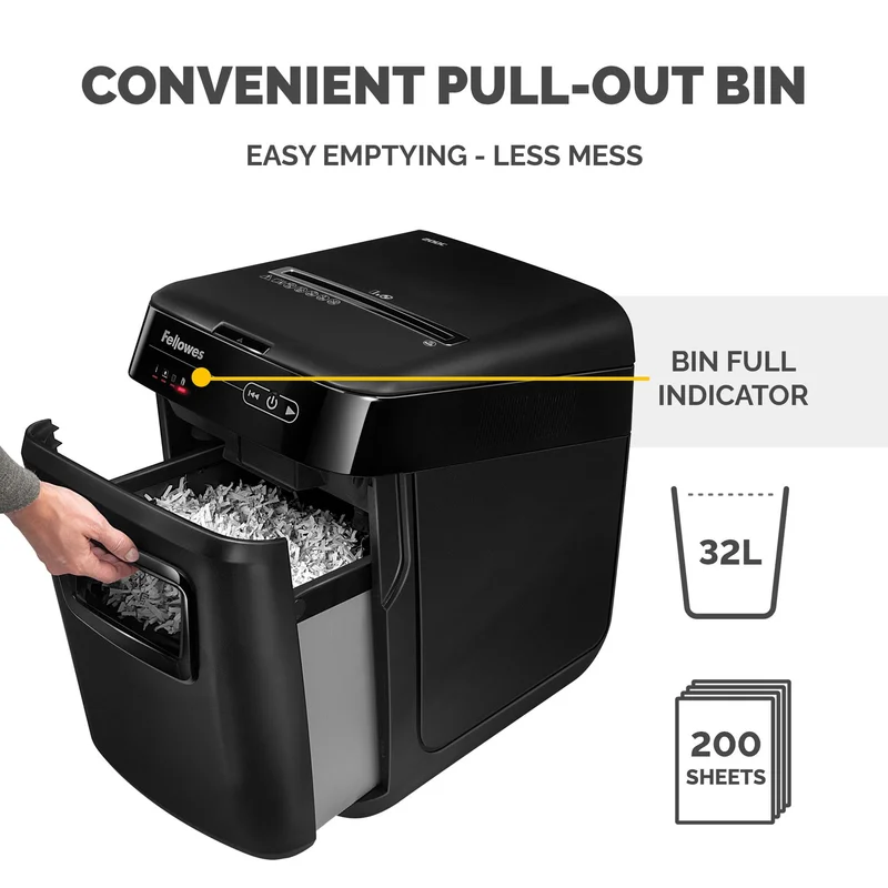 Шредер за унищожаване на документи Fellowes Automax 200C, Cross-Cut, P-4, обем на коша 32 L, за 1-3 потребителя, ниво на шум 60 dB