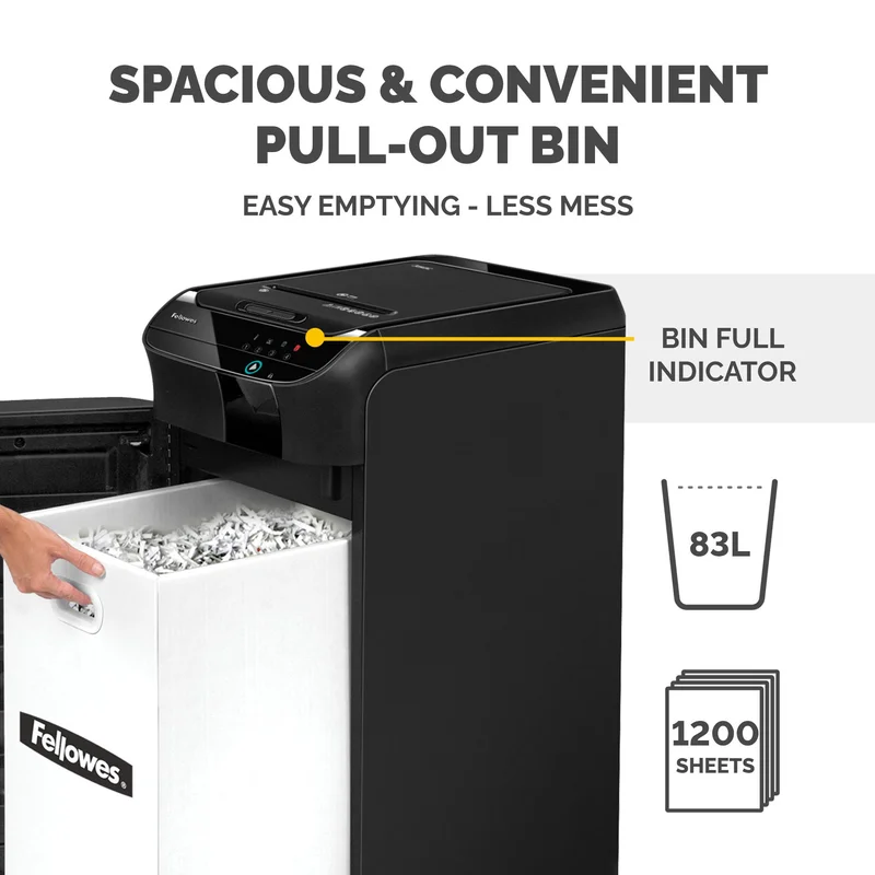 Шредер за унищожаване на документи Fellowes Automax 550C, P-4, обем на коша 83 L, Cross-Cut