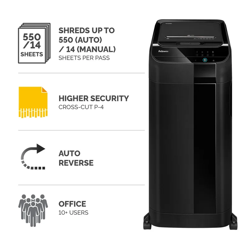 Шредер за унищожаване на документи Fellowes Automax 550C, P-4, обем на коша 83 L, Cross-Cut