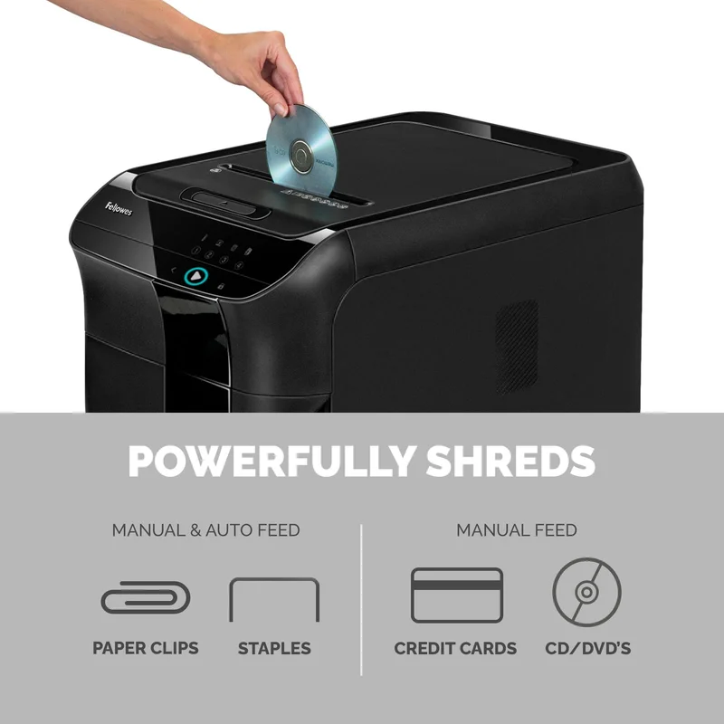 Шредер за унищожаване на документи Fellowes Automax 550C, P-4, обем на коша 83 L, Cross-Cut