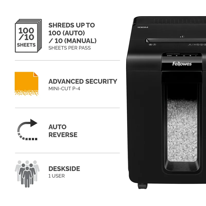 Шредер за унищожаване на документи Fellowes Automax 100M, Micro Cut, 23 L, P-4, време за работа 15 мин