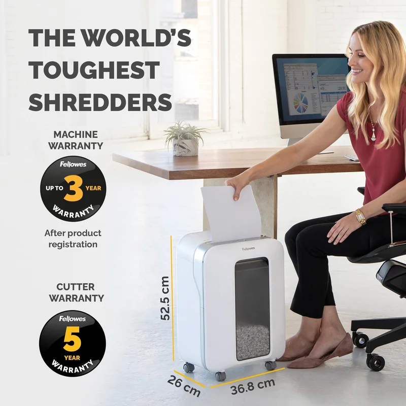 Шредер за унищожаване на документи Fellowes Powershred LX201, Microcut, 22 L, бял, P-5, време за работа 10 мин, Micro-Cut
