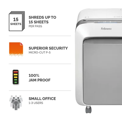 Шредер за унищожаване на документи Fellowes LX211, Micro-Cut, 23 L, бял, P-5, за 1-3 потребителя